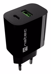 NATEC RIBERA sienas lādētājs 1X USB-A + 1X USB-C 20W melns