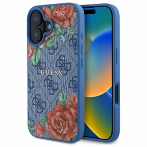 Guess GUHMP16SP4ROPEMCB iPhone 16 6.1" zils/zils cietais apvalks 4G Ziedu Druka Magnētiskais