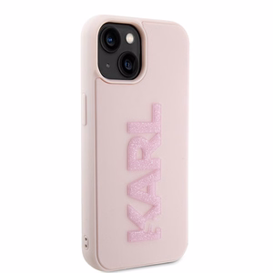 Karl Lagerfeld 3D gumijas spīdīgs logotips viedtālruņa apvalks iPhone 15 Plus - rozā