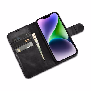 iCarer Eļļas Vaska Maki Apvalks 2in1 Vāks iPhone 14 Plus Anti-RFID Ādas Atverams Apvalks Melns (WMI14220723-BK)