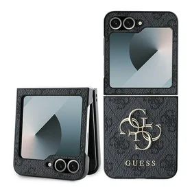 Guess Ādas 4G Metāla Logotips Viedtālruņa apvalks Samsung Galaxy Z Flip 6 - Melna