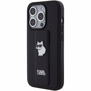 Karl Lagerfeld Gripstand Saffiano Choupette Pins viedtālruņa apvalks iPhone 15 Pro Max - melns