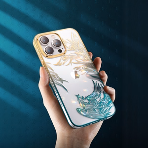 Luksusa iPhone 14 Plus apvalks ar Kingxbar Phoenix kristāliem - zelta un zils