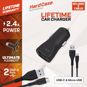 Energizer HardCase DC2BLCMM auto lādētājs, 2 × USB-A, 2,4 A, ar USB-C un Micro-USB kabeli, melns