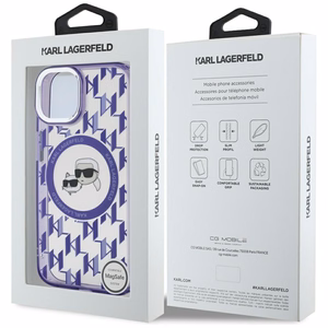Karl Lagerfeld IML Monogramma Karl & Choupette Head Magnētiskais iPhone 15 viedtālruņa apvalks - violets