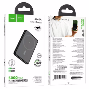 Portatīvais lādētājs Hoco 5000 mAh QC PD 2A 20W īpaši plāns J140A melns saderīgs ar MagSafe