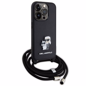 Karl Lagerfeld krustveida Saffiano metāla piespraude Karl & Choupette viedtālruņa apvalks iPhone 15 Pro - melns