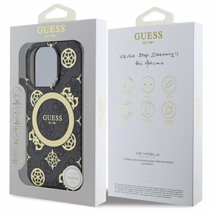 Guess IML Peony On 4G Background Magnētiskais viedtālruņa apvalks iPhone 16 Pro - melns