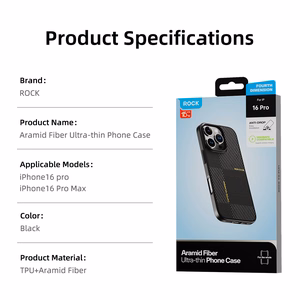 Rock Īpaši plāns Aramīda šķiedras Kevlar 600D viedtālruņa apvalks Iphone 16 Pro melns