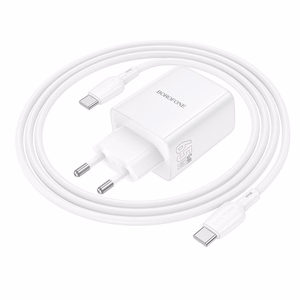 Borofone sienas lādētājs BN32 Cargador GaN - USB + 2xType C - QC 3.0 PD 65W ar Type C uz Type C balts