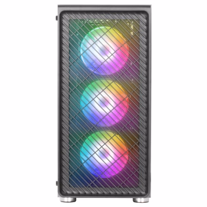 Mars Gaming MC-F ATX spēļu pus-torņa korpuss, pilns rūdīts stikls, metāla sieta priekšpuse, 4× 120 mm ARGB ventilatori, melns