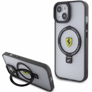 Ferrari FEHMP15SUSCAK iPhone 15 6.1" melns/melns cietais apvalks ar gredzena statīvu 2023 kolekcija Magnētiskais