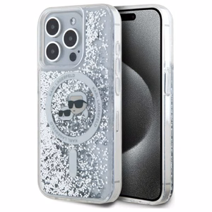 Karl Lagerfeld Šķidrie spīdumi Karl & Choupette Head Magnētiskais viedtālruņa apvalks iPhone 15 Pro - caurspīdīgs