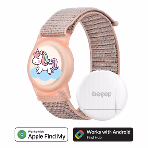 Beeep OneTag meklēšanas ierīce ar bērnu aproci un Velcro aizdari, Unicorn, Apple Find My / Android