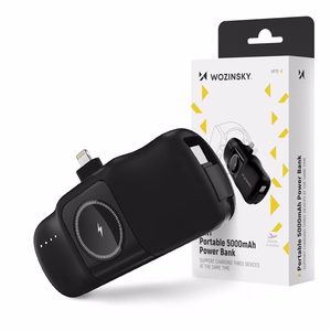 Wozinsky WF16-YLS 5000mAh 15W Lightning mini portatīvais lādētājs ar iebūvētu USB-C kabeli un Apple Watch lādētāju - melna