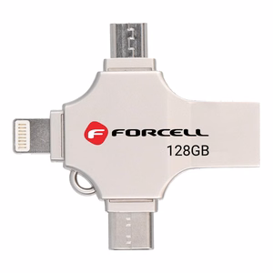FORCELL F-DATA USB zibatmiņa Metal Quad 128GB USB3.2 Gen 1 (USB A / Type C / Lightning / Micro USB) sudraba