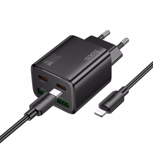 Phone charger Hoco 2 x USB C + 2 x USB A QC3.0 PD 3A 30W + cable USB C to Lightning N56 black