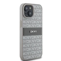 DKNY Ādas mono svītra un metāla logotips viedtālruņa apvalks iPhone 15 Plus / 14 Plus - bēšs