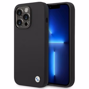 BMW Silicone Metal Logo viedtālruņa apvalks iPhone 14 Pro Max - melns