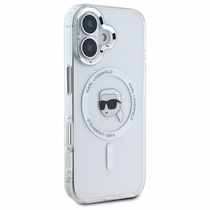 Karl Lagerfeld IML Metal Karl Head Magnētiskais iPhone 16 Plus viedtālruņa apvalks - balts