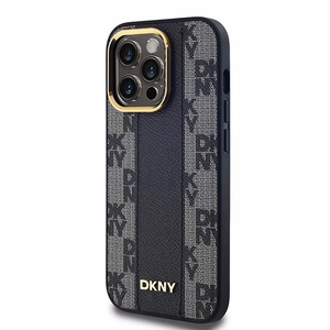 DKNY Ādas rūtainais magnētiskais apvalks iPhone 14 Pro - melns