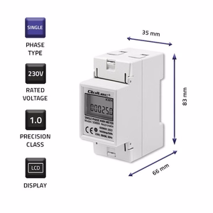 Qoltec 50899 – vienfāzes elektroniskais elektroenerģijas skaitītājs, 230 V, LCD, 2P, DIN sliede