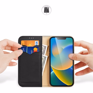 Dux Ducis Hivo ādas atveramais apvalks no dabīgās ādas ar karšu un dokumentu maciņu iPhone 14 Plus, melns