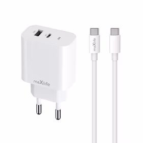 Maxlife MXTC-06-20AC PD QC lādētājs 1x USB-C 1x USB 20W balts + USB-C - USB-C kabelis 20W