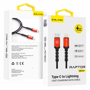 Blavec kabelis Raptor pīts - Type C uz Lightning - PD 20W 2,4A 2 metri Apple CarPlay (CRA-CL24BR20) melns un sarkans
