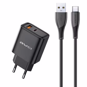 Lādētājs Awei PD81T-EU 22.5W USB-A/USB-C + USB-A uz USB-C kabelis 1.0m melns