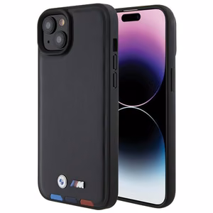 BMW BMHCP15M22PTDK viedtālruņa apvalks iPhone 15 Plus 6.7" melns/melns ādas ar trīskrāsu emblēmu