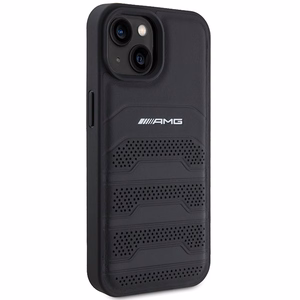AMG ādas apvalks ar iespiestām līnijām iPhone 15 Plus - melns