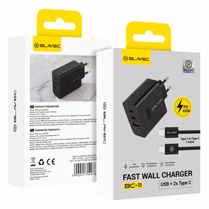 Blavec Wall charger BC-11 GaN - USB + 2xType C - QC PD 65W 3A with Type C to Type C cable (TCBC11G-U2CB653A) black