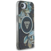 Guess IML Metal Glitter Flowers Triangle magnētiskais viedtālruņa apvalks iPhone 16e - melns