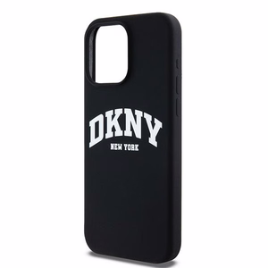 DKNY apvalks no šķidrā silikona MagSafe viedtālrunim iPhone 15 Pro Max ar balto logotipu - melns (m)