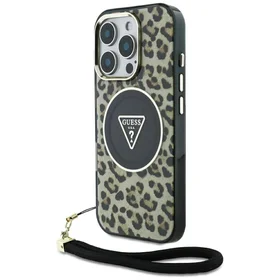 Guess HC IML leoparda trīsstūra auklas siksna MagSafe apvalks iPhone 16 Pro - brūns