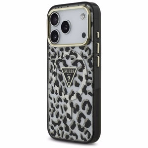 Guess leoparda spīdīgs magnētiskais viedtālruņa apvalks iPhone 17 Pro melns