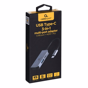 Gembird A-CM-COMBO3-02 USB Type-C 3-in-1 daudzportu adapteris (USB ports + HDMI + PD), sudrabs