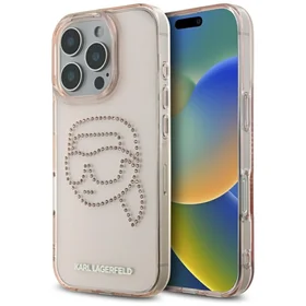 Karl Lagerfeld IML Rhinestones Karl Head viedtālruņa apvalks iPhone 16 Pro Max rozā