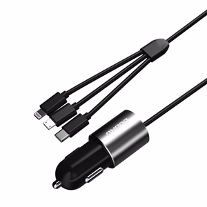Dudao 3in1 USB automobiļu lādētājs ar iebūvētu kabeli Lightning / USB Type C / micro USB - melns (m)