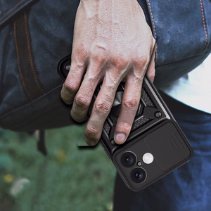 Hybrid Armor Camshield bruņots viedtālruņa apvalks iPhone 16 Plus ar kameras vāciņu un statīvu - melns