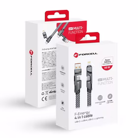 FORCELL F-ENERGY C241 4in1 kabelis Type C uz USB A uz Type C / Lightning QC PD 3A 60W 1 m hromēts