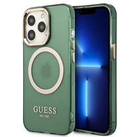 Guess GUHMP13LHTCMA iPhone 13 Pro / 13 6.1" zaļš/khaki cietais viedtālruņa apvalks ar zelta kontūru, caurspīdīgs Magnētiskais MagSafe