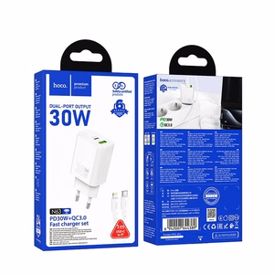 Viedtālruņa lādētājs Hoco USB A + USB C QC3.0 PD 3A 30W + kabelis USB C uz Lightning N63 balta