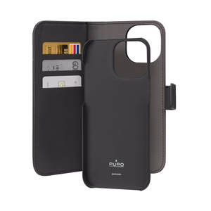 Puro Wallet noņemams magnētiskais 2in1 PU ādas viedtālruņa apvalks ar atloku un maku iPhone 15 Pro - melns