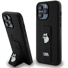 Karl Lagerfeld Gripstand Saffiano Choupette Pins viedtālruņa apvalks iPhone 13 Pro / 13 - melns