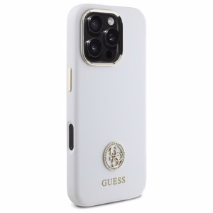 Guess Silikona Logo Strass 4G Apvalks iPhone 16 Pro - balts
