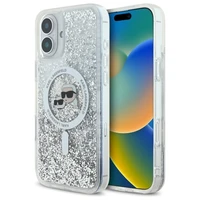 Karl Lagerfeld Liquid Glitter Karl&Choupette Head Magnētiskais viedtālruņa apvalks iPhone 16 - caurspīdīgs