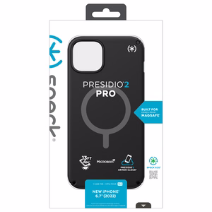 Speck Presidio2 Pro MagSafe vāciņš ierīcei iPhone 15 Plus / 14 Plus, ar Microban pretmikrobu aizsardzību, “Black / Black / White” krāsu kombinācija