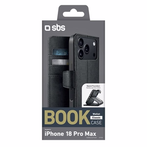 SBS Wallet Classic maciņš modelim iPhone 18 Pro Max, ar maku un statīvu – melns